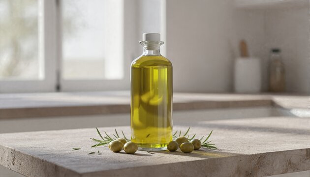 Artisan oil bottle on a rustic stone kitchen counter with fresh herbs