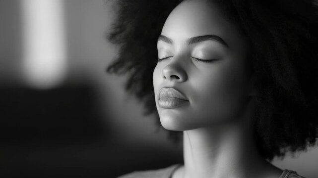 Close-up of a woman with closed eyes and relaxed facial features. She appears peaceful and immersed in a meditative state.