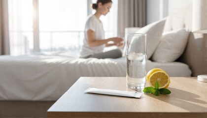 Fototapeta premium White supplement stick on a bedside table with fresh lemon