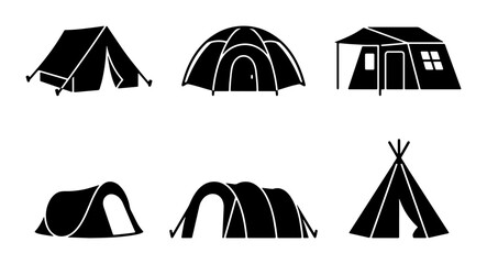 Diverse Camping Tent Icons Set, Outdoor Shelter Silhouettes, Portable Bivouac Vector Graphics for Adventure and Recreation © Md