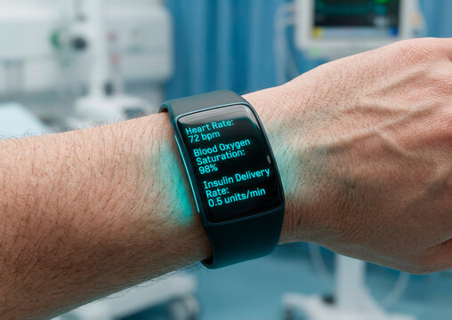 Close-up of Futuristic Wrist Device Displaying Real-Time Patient Health Metrics