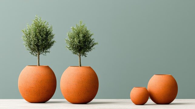 Minimalist home decor set featuring round terracotta pots and small potted trees for modern interior design concept staging