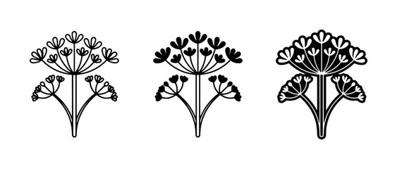 Fototapeta premium Floral Vector Icons, Delicate Umbel Flower Illustrations, Botanical Art Elements, Stylized Plant Graphics, Black and White Decorative Motifs