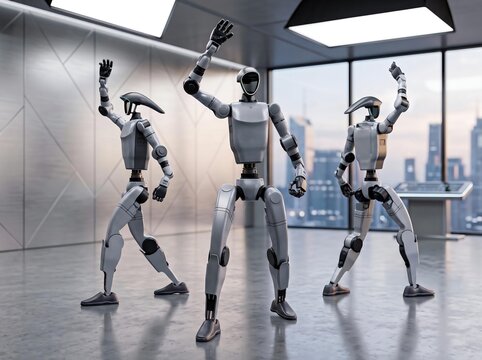Three humanoid robots dancing in modern white studio 3D render robotics performance