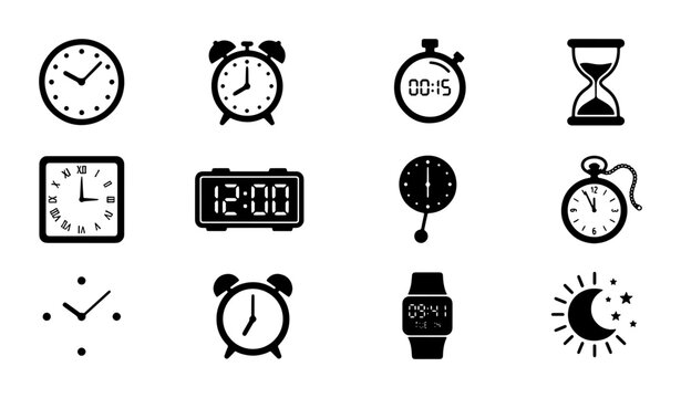 Vector Icons: Timekeeping Devices Collection, Analog Clocks, Digital Watches, Stopwatch, Hourglass, Alarm Clock, Time Symbols, Modern & Classic Timepieces