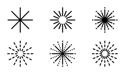 Obraz premium Radial Burst Starburst Icons, Sunburst Graphic Elements, Festive Celebration Star Shapes, Minimalist Explosion Vectors