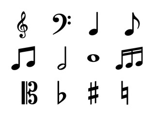 Fototapeta premium Musical Notes and Symbols Collection, Treble Clef, Bass Clef, Sharps, Flats, Vector Icons for Music Education and Performance