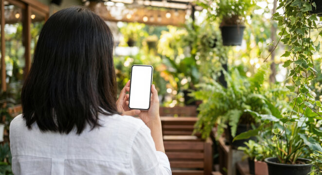 Woman holds smartphone with blank white screen mockup in cozy green garden
