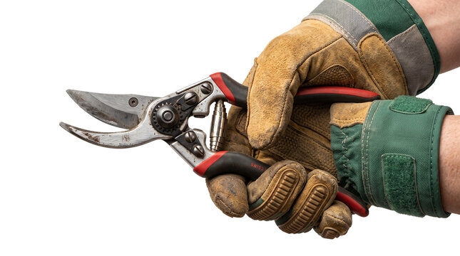 Professional garden shears held by gloved hands, heavy duty pruning secateurs for landscaping, sharp metal bypass pruners for horticulture isolated PNG with Transparent Background
