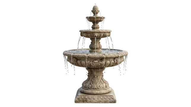 Classical stone garden fountain with three tiers, ornate carved marble water feature, elegant outdoor courtyard fountain with flowing water isolated PNG with Transparent Background