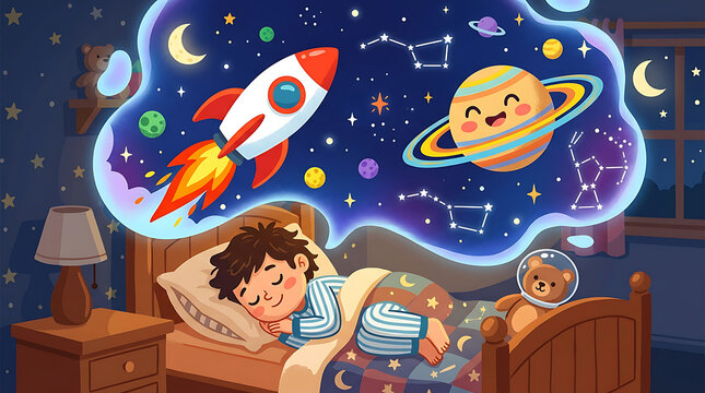 Cute little boy sleeping in bed dreaming about space adventure with rocket, planets, and stars vector illustration