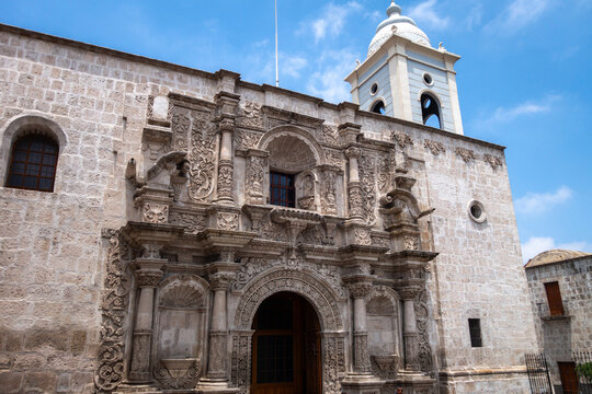 Church of San Agustin in Arequipa, Peru with Detailed Facade