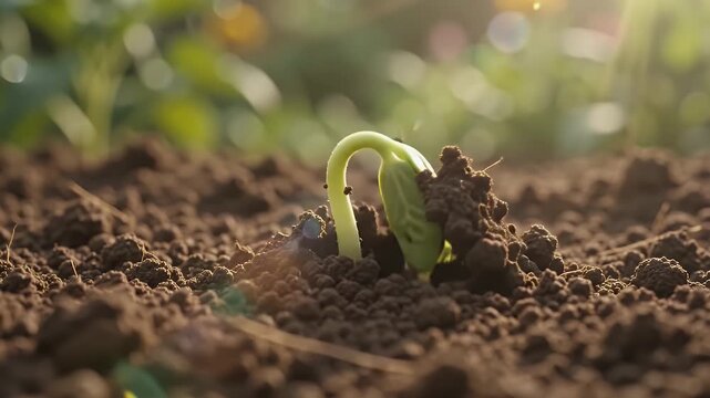 Close-up of a single nut or seed planted in rich, dark soil with sunlight rays and dust motes, symbolizing new beginnings.