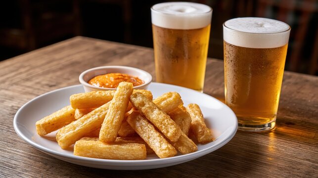 Crispy Yuca Frita, french fries and beer