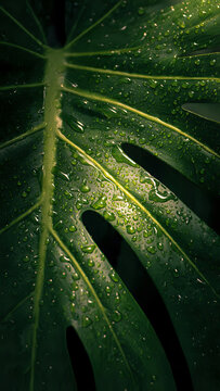 Monstera leaf displays intricate textures and refreshing morning dew drops in a lush tropical forest setting.