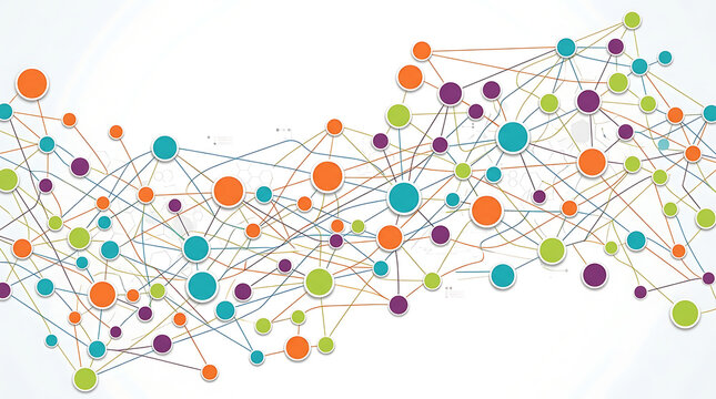Abstract neural network background with colorful connected circles and lines representing data communication and digital technology innovation