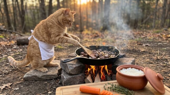 A cute ginger cat wearing an apron cooking meat and onions in a cast iron skillet over an open campfire in the woods
