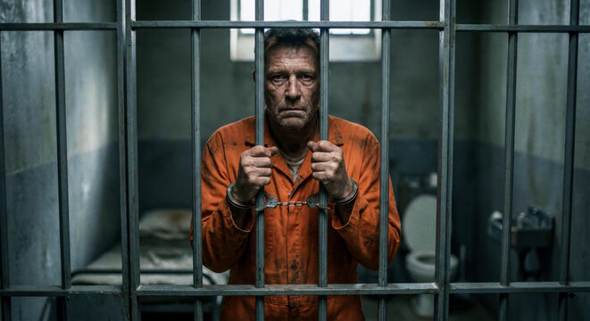 Portrait of a serious older Caucasian man wearing an orange prison uniform and handcuffs standing behind metal bars in a jail cell