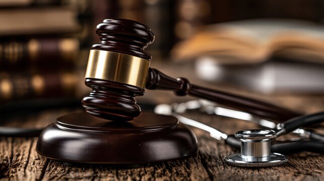A gavel and stethoscope sit on a wooden desk in a courtroom setting with books
