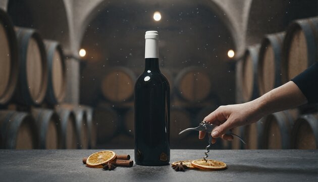 Wine bottle in a rustic cellar with spices and oak