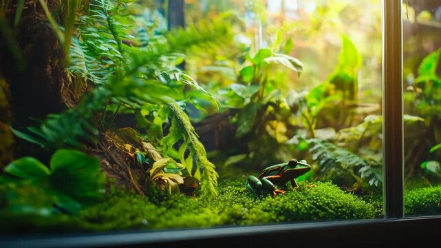 Green frog sits on mossy ground. Lush ferns and plants surround it. Soft light filters through the glass. Natural habitat captured in detail. No visible movement or artificial effects