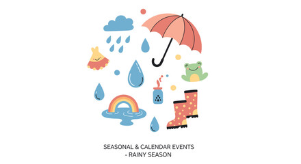 Naklejka premium Rainy Season Weather Forecast Icon Set.