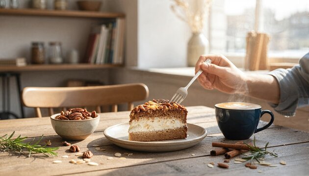 Woman enjoying pecan cake slice in sunlit cafe