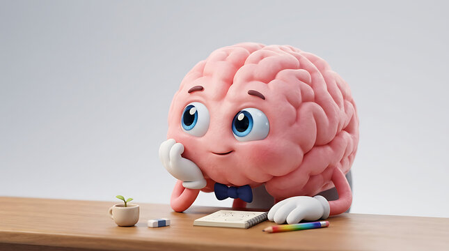 Cute 3D Brain Character Sitting at a Desk Thinking and Studying with Notebook and Pencils