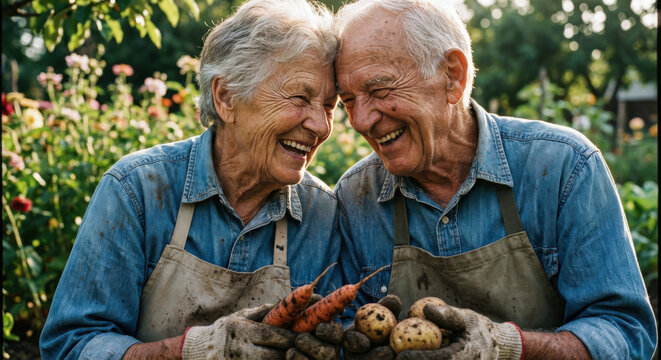 Laughing senior couple holding fresh harvest of potatoes and carrots in sunny garden