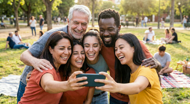 Cheerful multiethnic people of different ages taking group photo with mobile phone. Community, diversity and travel concept outdoors