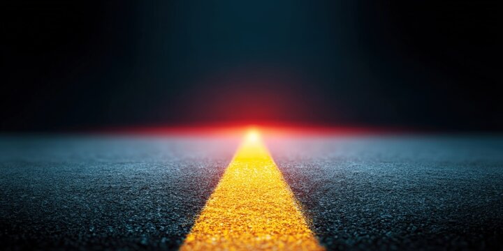Asphalt Road Surface With Yellow Center Line Leading Into Dark Horizon With Glowing Light Representing Journey Into Unknown Future