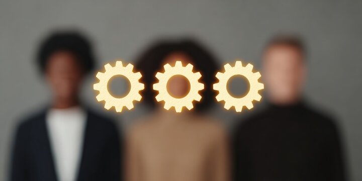 Three Glowing Gear Icons Representing Teamwork and Collaborative Business Process Optimization for Corporate Workflow Efficiency and Digital Strategy