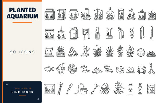 Planted aquarium line icon set featuring aquascaping equipment, fish tanks, aquatic plants, shrimp, snails, and maintenance tools