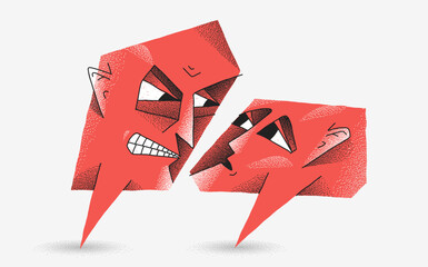 Aggressive speech bubble face intimidating frightened person. Abstract verbal abuse, bullying, psychological pressure, toxic communication and fear concept.