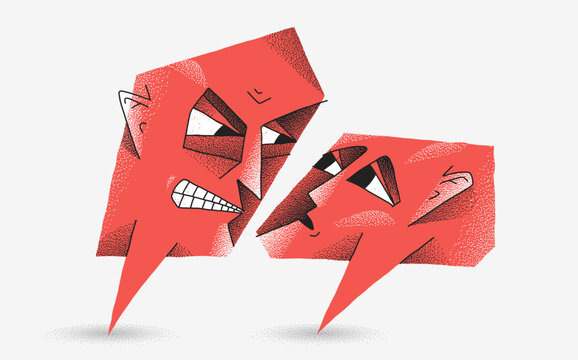 Aggressive speech bubble face intimidating frightened person. Abstract verbal abuse, bullying, psychological pressure, toxic communication and fear concept.