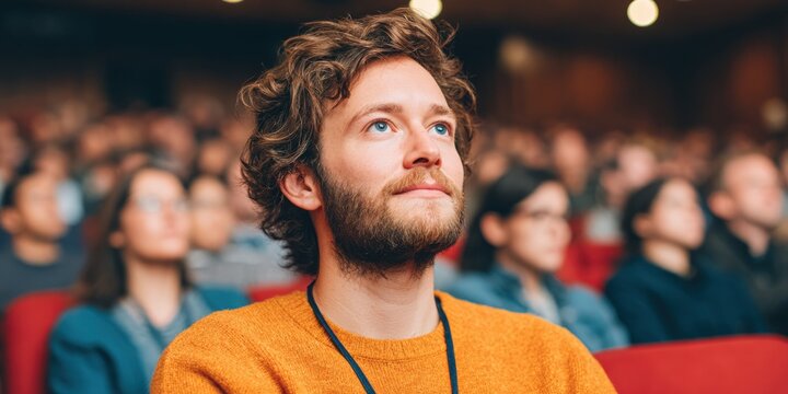 Adult Man Listening Attentively to Lecture in Crowded Auditorium with Blurred Audience Representing Professional Development and Educational