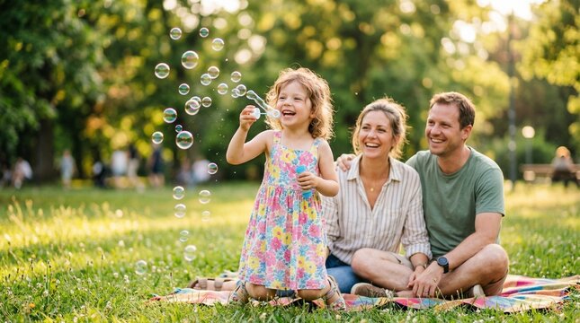 Happy family having picnic in park while little girl blows soap bubbles.