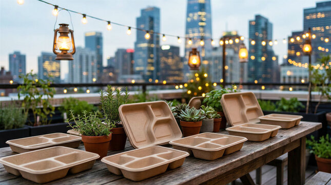 Sustainable compostable food trays on rooftop terrace garden table with evening city skyline