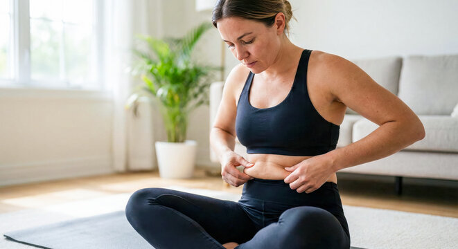 Female in sports clothes checking skin on her waist. Weight loss, postpartum recovery and body fat concept in living room interior