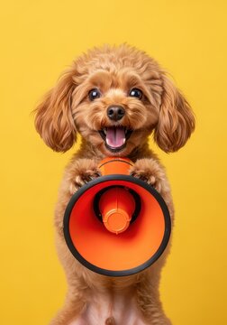 Adorable Brown Toy Poodle Holding an Orange Megaphone for Announcements on a Bright Yellow Background