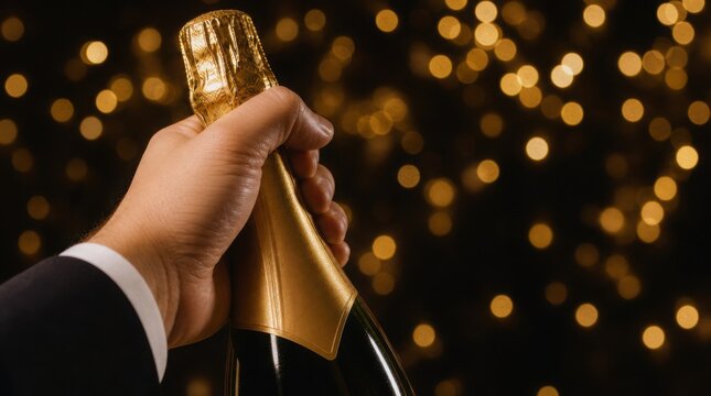 A hand in a suit holding a champagne bottle against a backdrop of golden bokeh lights, suggesting celebration or a festive event.