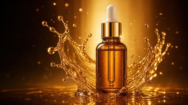 A dropper bottle with golden liquid splashing dramatically around it, set against a warm amber background with glowing light effects.