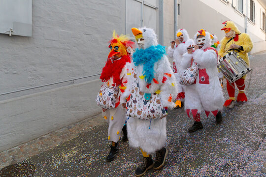 Basel carnival 2026. Marching group in colorful costumes