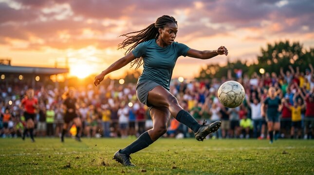 Athletic African American woman kicking soccer ball during competitive match at sunset.