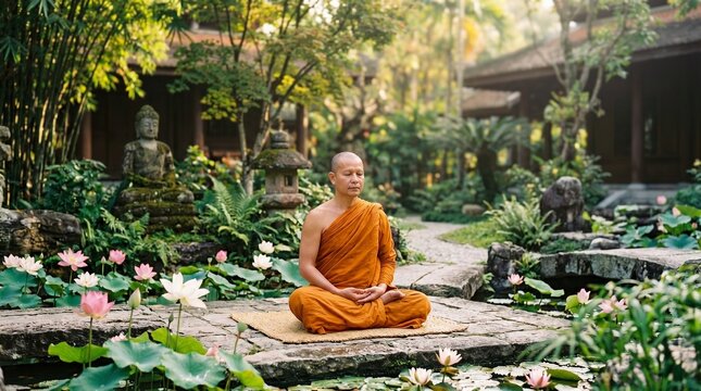 Asian Buddhist monk meditating in lotus garden with stone statue and temple background.
