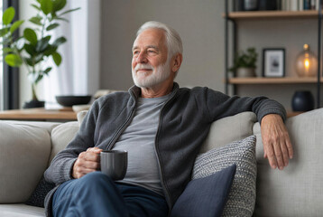 Fototapeta premium Thoughtful Senior Man Relaxing on Sofa at Home with Cup of Coffee