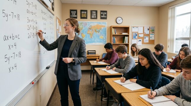 Female teacher teaching algebra to diverse students in modern classroom.