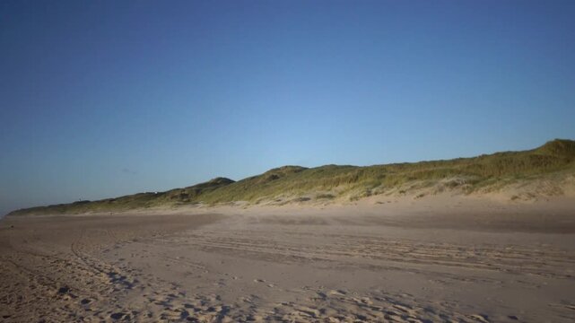 Hirtshals, Denmark A North Sea beach and dune landscape with grasses at sunset.  