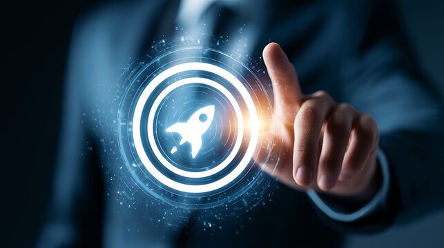 Professional hand launching digital innovation with futuristic holographic tech