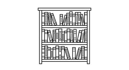 Fototapeta premium Industrial Black and White Line Drawing of a Three Shelf Bookshelf Filled with Various Books and Magazines